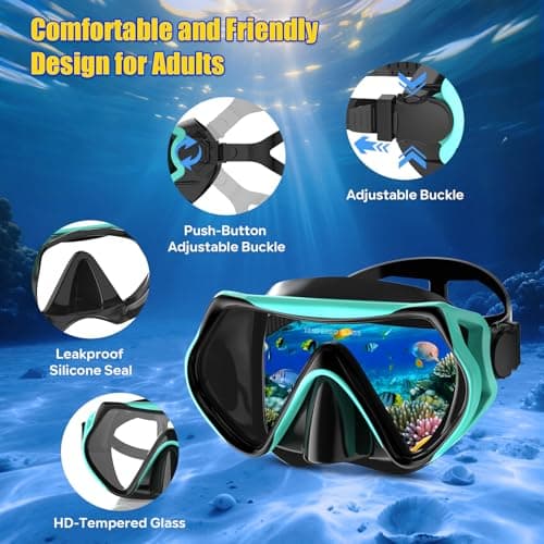 MELUMILU Snorkel Set, Snorkel Mask 180° Panoramic Wide View, Anti-Fog Scuba Diving Gear, Professional Swim Goggles for Free Breathing, Swim, Diving, (Black Green) — view 2