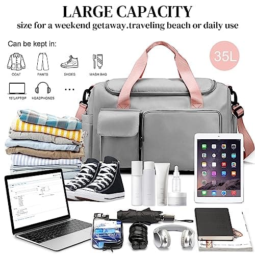 RainFlowwer Travel Duffel Bag Women Men,Sports Gym Bag with Shoes Compartment,Waterproof Travel Bag Overnight Bag with Dry Wet Separated Pocket,Carry Luggage Bag Weekender,Sports,Gym,Travel(Grey&Pink) — view 5