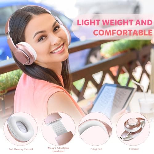 WorWoder Wireless Headphones Over Ear, 80 Hours Playtime Bluetooth Headphones, Hi-Fi Stereo Sound with Microphone, Lightweight Headset with Deep Bass for Travel Work PC Cellphone (Rose Gold) — view 4