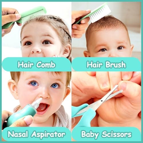 Baby Healthcare and Grooming Kit, 26 in 1 Portable Baby Safety Care Set with Hair Brush Comb Nasal Aspirator Electric Nail Trimmer Set Baby Essentials kit for Newborn Boys Girls (Green 26 in 1) — view 4