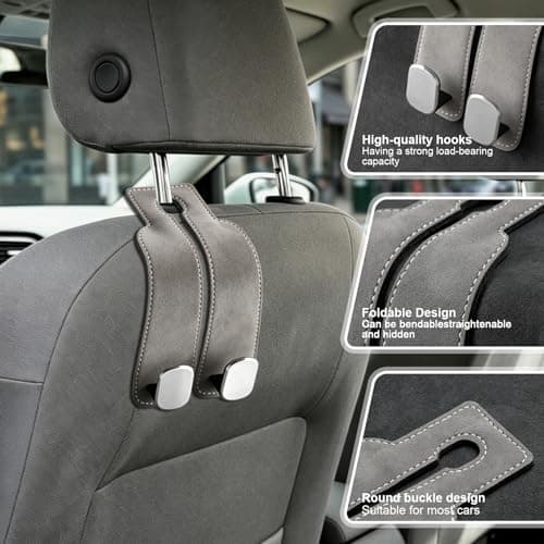 Rdunulioo 2 Pcs Car Bag Hook, 2 in 1 Car Seat Organiser, Headrest Hooks for Back Seat, Universal car Accessories Interior, Car Hooks for Hanging Bags Purses Handbags (Grey) — view 3