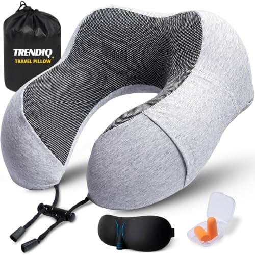 TRENDIQ Travel Pillow for Airplane- Premium Memory Foam with 100% Pure Cationic Cover Neck Pillow for Travel- Adjustable U-Shaped Flight Pillow with Eye Mask, Ear Plugs, Carry Bag & Carabiner Clip