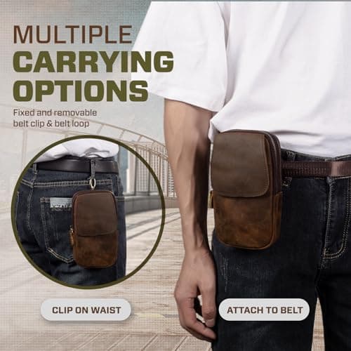 Hengwin Multifunctional Genuine Leather Double Zip Bags Men Vintage Look Shoulder Bag Mobile Phone Belt Bag Phone Holster for Travel, Outdoor Activities (Coffee) — view 6
