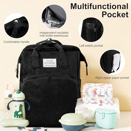 Baby Changing Bag Backpack, Portable Nappy Changing Backpack with Foldable Cot Bed, Large Capacity Baby Diaper Bag with Changing Mat,Waterproof Mummy Shoulder Bag for Travel with Stroller Straps,Black — view 5