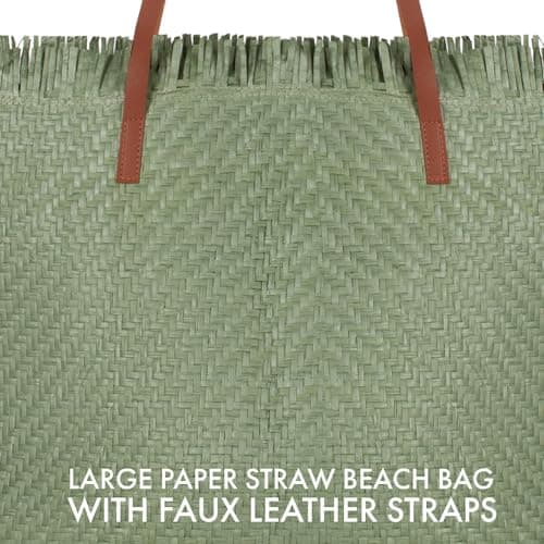 Woodland Leathers Womens Beach Bag, Large Paper Straw Beach Bag, Woven Summer Tote Shoulder Shopper Handbag with PU Leather Straps Lightweight Open Top Holiday Bag (Green, Large) — view 4