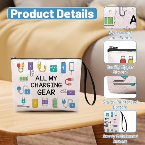 Nhemeylp Travel Cable Organiser Bag, Waterproof Linen Cable Bag with Wrist Strap, Double-Sided Print Charger Bag Cable Tidy Storage for Chargers Cords Power Bank, Tech Gifts for Women Men — view 3