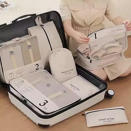 7 Piece Packing Cubes Set for Suitcases | Luxury Travel Organiser Bags | Compression Luggage Cubes with Shoe Bag & Pouches | Beige | Brand New — view 2