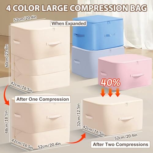 4 pcs Extra Large Space Saving Self Compression Storage Bags for Clothes, Duvets, Bedding, Blankets & Pillows – Foldable Underbed Organiser with Reinforced Handles & 3-Layer Zipper, 52x42x60cm — view 2