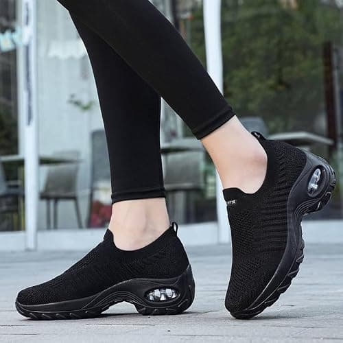Womens Walking Shoes Slip On Trainers Arch Support Lightweight Running Shoes for Plantar Fasciitis Orthopedic Comfy Nurse Shoes Full Black UK 8 — view 2