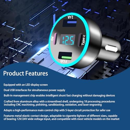 USB C Car Charger Adapter, 4-Port Fast Charging Metal USB Charger with Voltmeter, Car Phone Charger 12v/24v Car Accessory, In Car Phone Charger, Fast Charge Car Charger — view 3