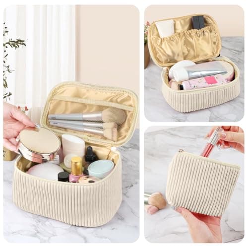 Aucuu Corduroy Cosmetic Bag, 3 Pcs Makeup Bag, Large, Medium and Small Cosmetic Bag, Striped Corduroy Portable Bag with Metal Zipper, Travel Cosmetic Bags Organizer for Women, Travel, School, Gift — view 3