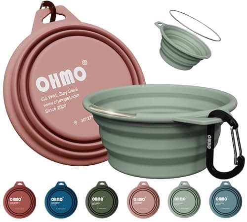 OHMO Collapsible Dog Bowl with Steel Ring, 400ml, 2pcs, Coral&Sage Green