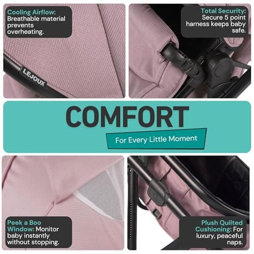 Lejoux™ Avant Baby Pushchair Travel System – Larger Foldable Stroller with Carrycot, 5-Point Harness, Adjustable Seat, Oversized Basket & One-Hand Fold – Swivel Wheels & Rain Cover Included (Pink) — view 4