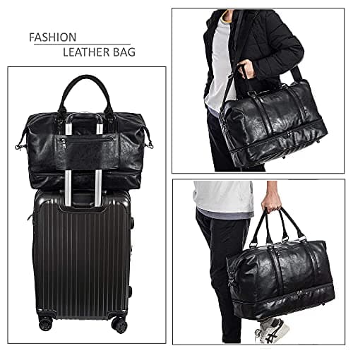 Travel Bag with Shoe Pouch,Weekender Overnight Bag Waterproof PU Leather Large Carry On Bag Travel Tote Duffel Bag for Men or Women,Black — view 6