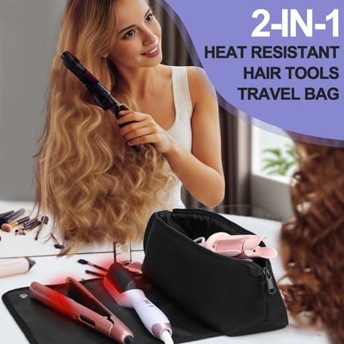 Travel Essentials Neoprene Hair Styler Bag w/Heat Resistant Mat for Flat or Curling Irons, Straighteners Haircare Accessories, Airport Essentials, Gifts for Women Friends Sister (Black-Fireproof Mat) — view 2