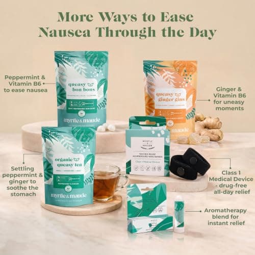 Myrtle & Maude - Ultimate Nausea & Morning Sickness Bundle - Queasy Days Tea, Vitamin B6 Peppermint Bon Bons & Ginger Gins, Aromatherapy Inhaler Nasal Stick & Nausea Relief Acupressure Wristbands — view 3