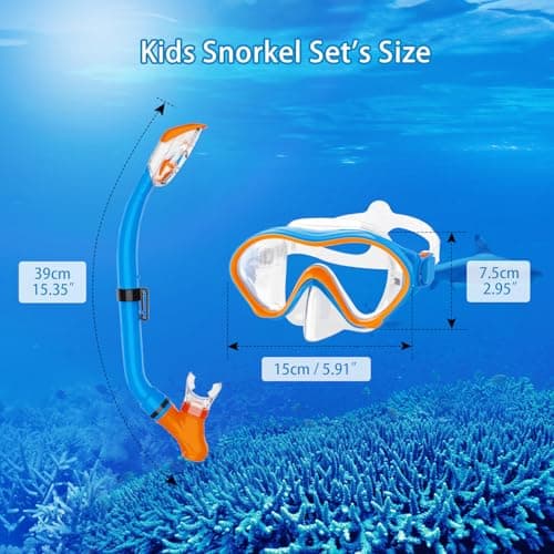 Snorkeling Gear for Kids with Foldable Silicone Full Dry Snorkel, Kids Snorkel Set Anti Leak Youth Junior Snorkeling Package Diving Mask Soft Tube with Mesh Bag Swimming Goggles, Blue+Orange — view 4