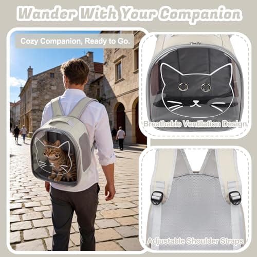 Small Cat Backpack Pet Carrier for Cats up to 10 lbs, Foldable Clear Window Cat Travel Bag with Breathable Mesh, Portable Puppy Transport Backpack for Hiking, Walking, Cycling, Vet Visits(White) — view 2