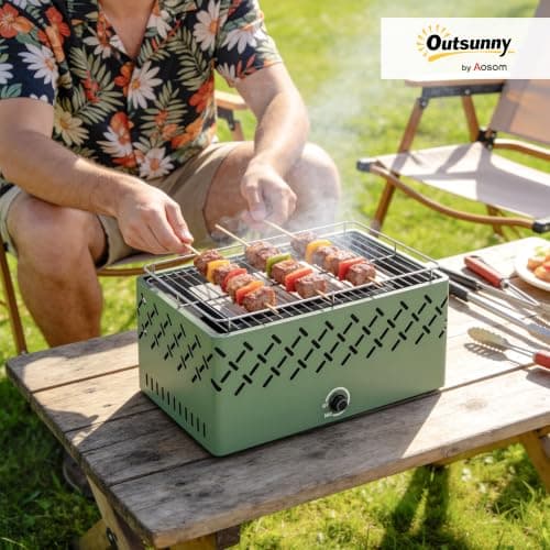 Outsunny Portable Charcoal BBQ Grill w/Built-in Fan and Knob, Light Green — view 2
