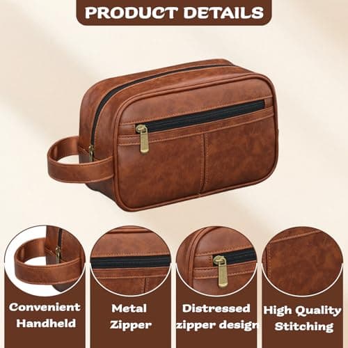 Ethlomoer Leather Toiletry Bag for Men – Brown High-Capacity Waterproof Toiletry Bag with Compartments, Travel Wash Bag for Men, Contrast Color Design — view 5