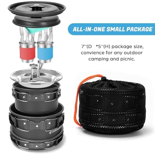 Odoland Camping Cookware Set with Stove Cookware Pan Cup Plates Folding Cutlery Gavette for 1-2 People Lightweight and Compact for Camping Trekking Picnic Hiking — view 3