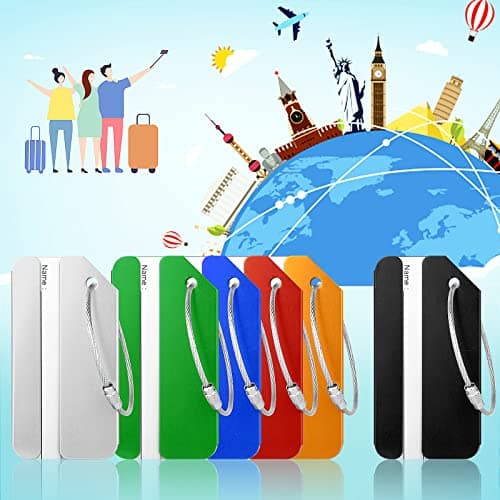 Yizhet Luggage Tags, 6 Pcs Suitcase Tags Aluminum Alloy with Steel Loop & Waterproof Name ID Card for Travel Bag, Checked Luggage, Suitcases, Laptop Bags, Backpacks, 8 x 4cm, 6 Colours — view 2