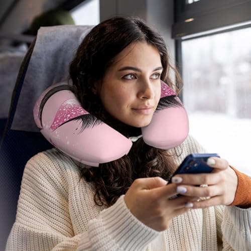 AUGUSTRUSH Memory Foam Neck Pillow - Travel Pillow With Adjustable Clasp, Removable Washable Cover For Airplane Office Car, Ergonomic Support Comfortable U-Shaped Pillow, Rose Gold Eyelashes Print — view 5