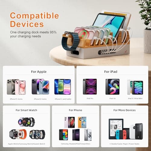 All In One Family Dock Station, Wooden Bamboo Charge Stand-Natural+White — view 2