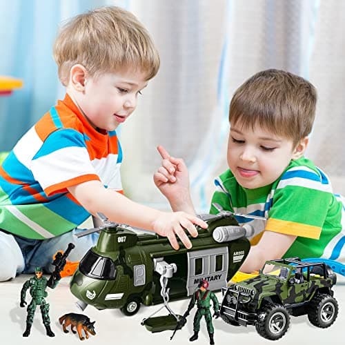JOYIN Military Vehicles Toy Set of Friction Powered Transport Helicopter and Military Truck with Light and Sound Siren and Army Men Soldier Action Figures for Kids — view 4