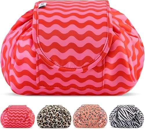 Vavabox Lazy Drawstring Makeup Bag, Flat Lay Cosmetic Bags (Red Wave)