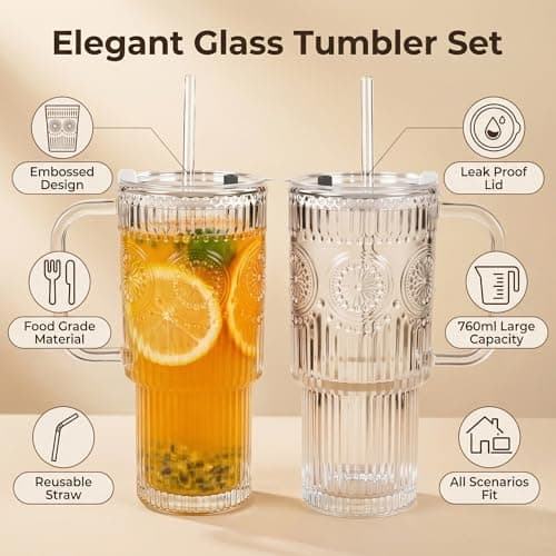1ZIZIFA8 750ml Glass Tumbler with Lid & Straw, 2 Pack - Ribbed Design with Handle, Large Leakproof Iced Coffee Cup for Smoothies, Matcha, Latte, Bubble Tea & Cold Drinks - Dishwasher Safe — view 2