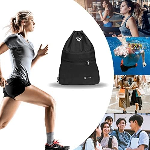 WESTWOOD FOX WFX Drawstring Bag String Waterproof Sport Gym Sack Backpack for Women Men PE Bag Outside Pocket Zipper School Beach Holidays Swimming Travel (Jet Black) — view 6