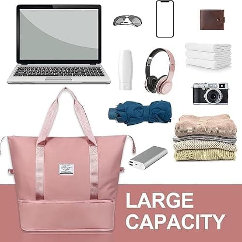 flintronic Travel Duffel Bag, Foldable Gym Bag Overnight Weekend Bags Women, Lightweight Hospital with Wet and Dry Separation Large Holdall Cabin for Sports - Black — view 5