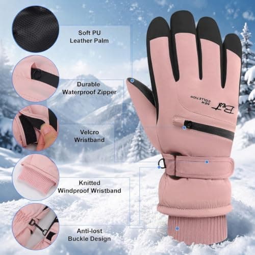 SCCGKP Women Ski Gloves, Windproof Thermal Touchscreen Gloves Waterproof Winter Warm Snow Glove for Skiing Cycling Outdoor Sports，Pink：One Size — view 2