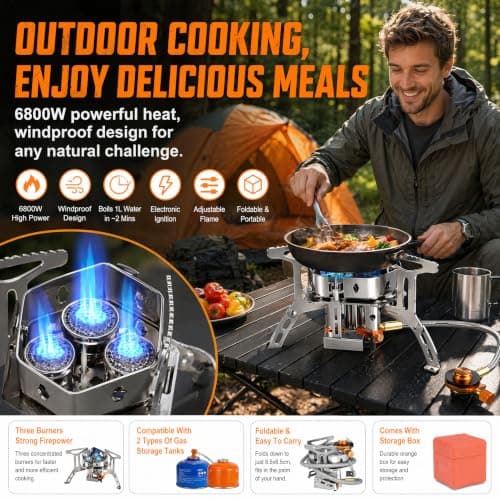 Camping Gas Stove, 6800W Portable Windproof Camping Stove with Piezo Ignition & Storage Box, Foldable Backpacking Stove,Butane Gas Burner Furnace for Outdoor Cooking Hiking Fishing Trekking Picnic BBQ — view 2