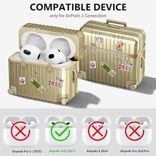VISOOM Compatible With Airpods 3 Case, Cute Suitcase Design TPU Anti-Scratch Shell Shockproof Hard Protective Case for Airpods 3rd Gen with Keychain[Support Wireless Charging], Gold — view 2