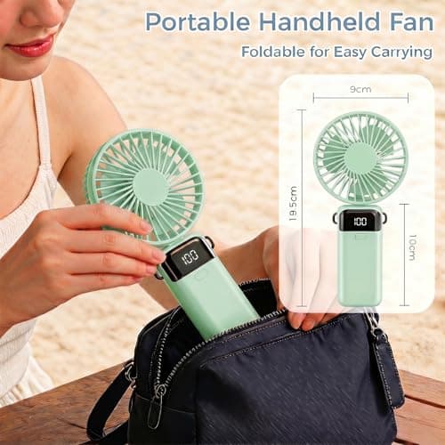 CNMTCCO Handheld Fan, Rechargeable Portable Fan with LED Display, 5 Speeds Mini Fan 90-Degree Foldable Hand Fan, USB Desk Fan for Home Office Bedroom Outdoor Travel (Green) — view 5