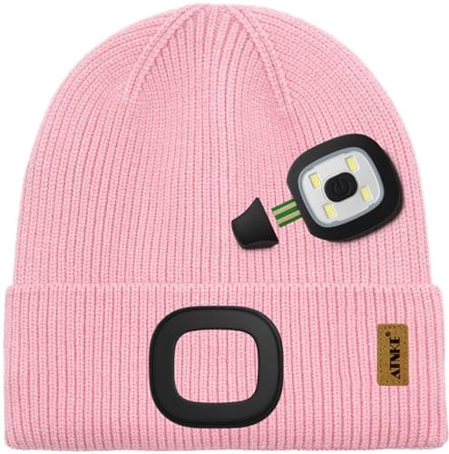 ATNKE Kids LED Lighted Beanie Cap,USB Rechargeable 4 LED Ultra Bright Running Headlamp Hands Free Head Torch Winter Warm Knitted Hat with Lined Fleece Gifts for Boys and Girls/Pink — view 3