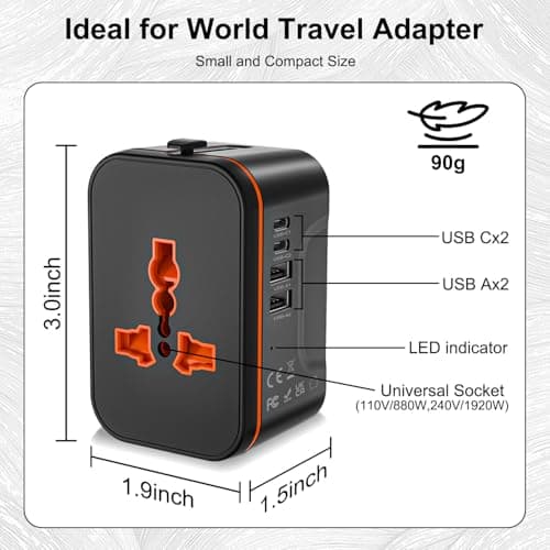 Universal Travel Adapter Worldwide, Travel Plug Adapter Worldwide with 2 USB C and 2 USB A Ports, All In One Universal Power Adaptor International Plug Adaptor UK to Europe EU USA AUS Australia Japan — view 5