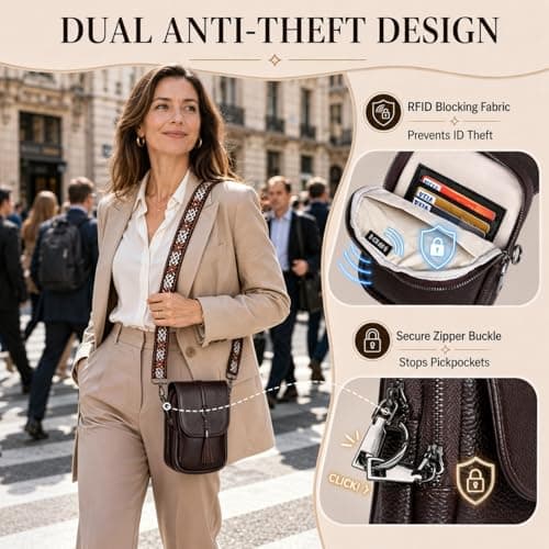 ONETOALL Genuine Leather Crossbody Bags for Women Anti-Theft with 2 Straps — view 3