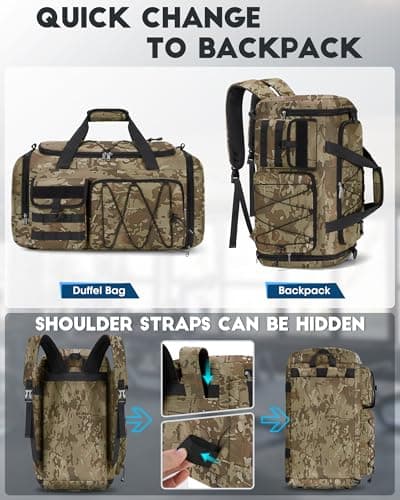 RAINSMORE Sports Gym Bag for Men Women, 45L Large Duffel Bag with Shoe Compartment and Wet Pocket, Water Resistant, 3-in-1 Travel Holdall Weekender Khaki Camo — view 3
