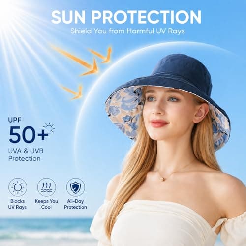 Wide Brim Women Sun Hat Summer Beach Bucket Fishing Hats Metal Wired Edge Packable UV Protection for Hiking Garden Travel, M2835-navy, One Size — view 2