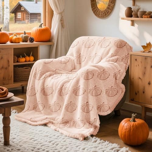 Lanpn Fall Fur Throw Blanket, 530GSM Sherpa Fleece Throws for Couch Sofa, Soft Fluffy 3D Pumpkin Blankets, Autumn Plush Cozy Blanket, Thanksgiving Home Bed Living Room Decor Gift, 130x150, Beige