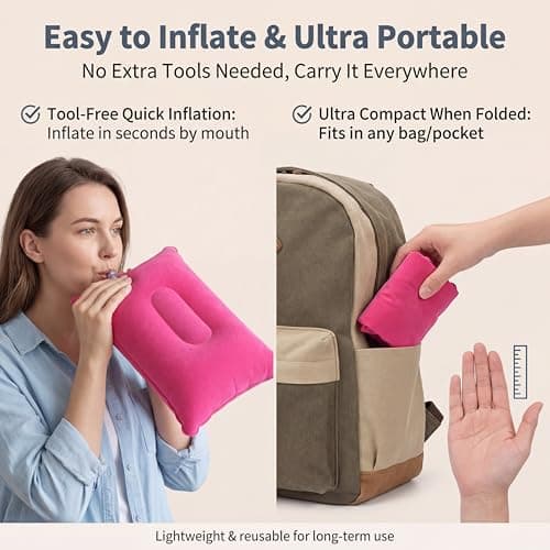 PMTFUMY 2 Pack Inflatable Travel Pillows, Soft Flocking Fabric Air Pillow, Portable Inflatable Cushion for Camping Airplane Car Beach Office Nap Lumbar Support — view 6