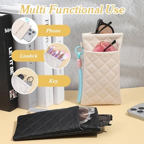 Matwsec 2PCS Double Glasses Case Soft PU Leather, Sunglass Pouch with Strap for Women, Squeeze Top Eyeglass Case Travel Sunglasses Organizer Set (White Black) — view 5