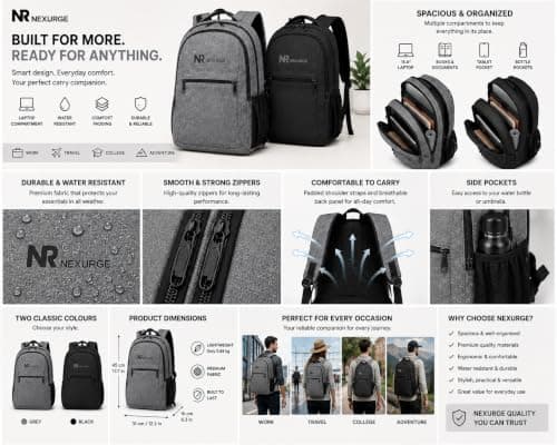 NEXURGE Laptop Backpack 15.6 Inch, Water-Resistant Business Travel Backpack with USB Charging Port, Anti-Theft Rucksack with Luggage Strap, Cabin Work & College Backpack for Men & Women (Black) — view 3