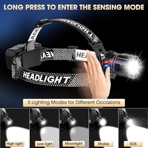 AdamStar Head Torch Rechargeable, 2 Pack Professional Headlamp, 120000LM Super Bright LED Headlight with Red Warning Light 5 Modes, 90° Adjustable Motion Sensor, Zoomable for Camping, Hiking Fishing — view 4