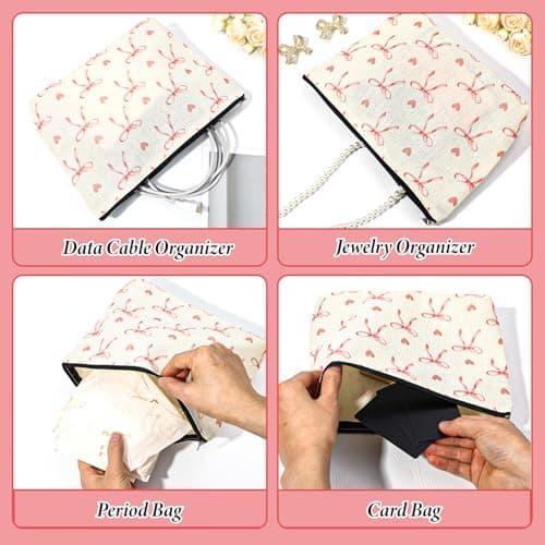 1Pcs Pink Bow Makeup Bag for Women Girls, Cute Coquette Cosmetic Bags, Pink Lovely Heart and Bow Preppy Makeup Pouch with Zipper, Travel Toiletry Bag Gifts for Women Teens Girls, Beige — view 6