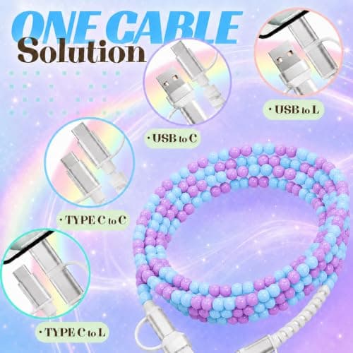 Atsidexa 4-in-1 Beaded Charging Cable, MFi Certified, Works with CarPlay, 6.6FT 60W Fast Charger Cord for iPhone 17/16/15/14/13/12/11, iPad, Samsung, Android and More (Lavender Sky) — view 3