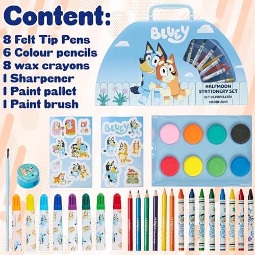 Bluey Art Set for Kids Colouring Pencils Paints Felt Tip Pens Crayons Stationery Crafts Girls Boys Art Supplies Preschool Travel 40 Plus Pcs Gift Set (Blue Halfmoon Case) — view 6